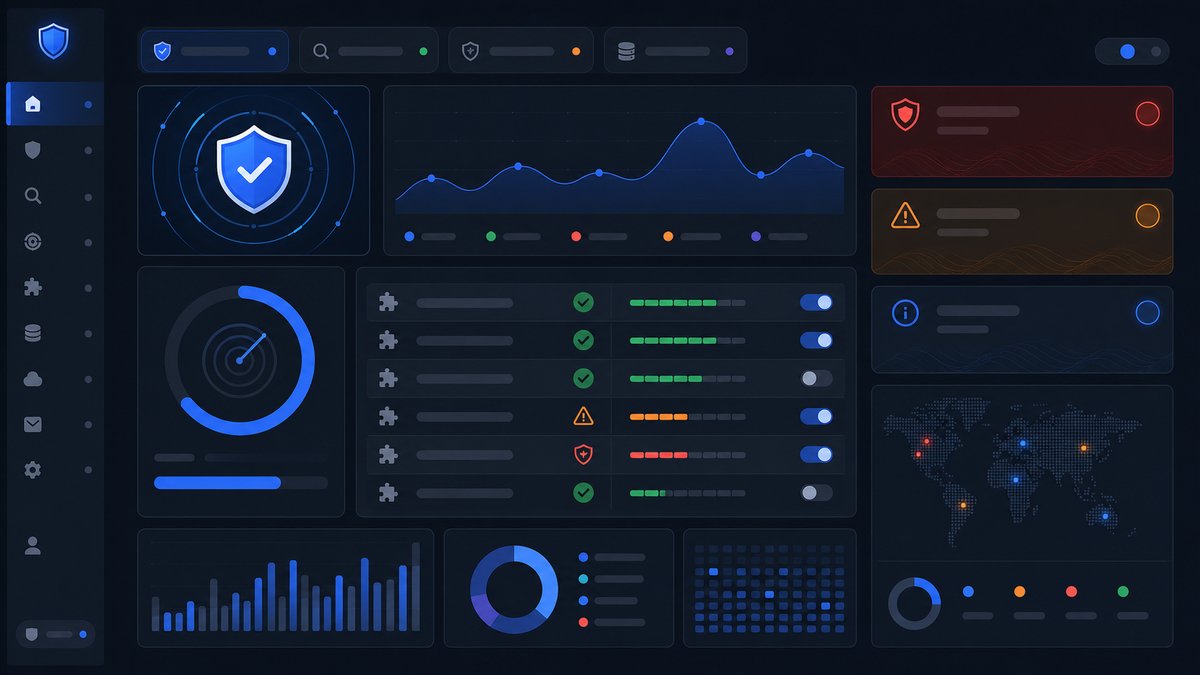 WordPress security dashboard showing plugin status and threat detection interface, modern dark UI de