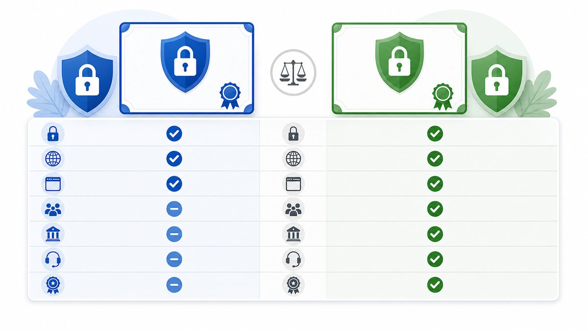 Professional comparison infographic showing free SSL vs paid SSL certificate features, clean flat de