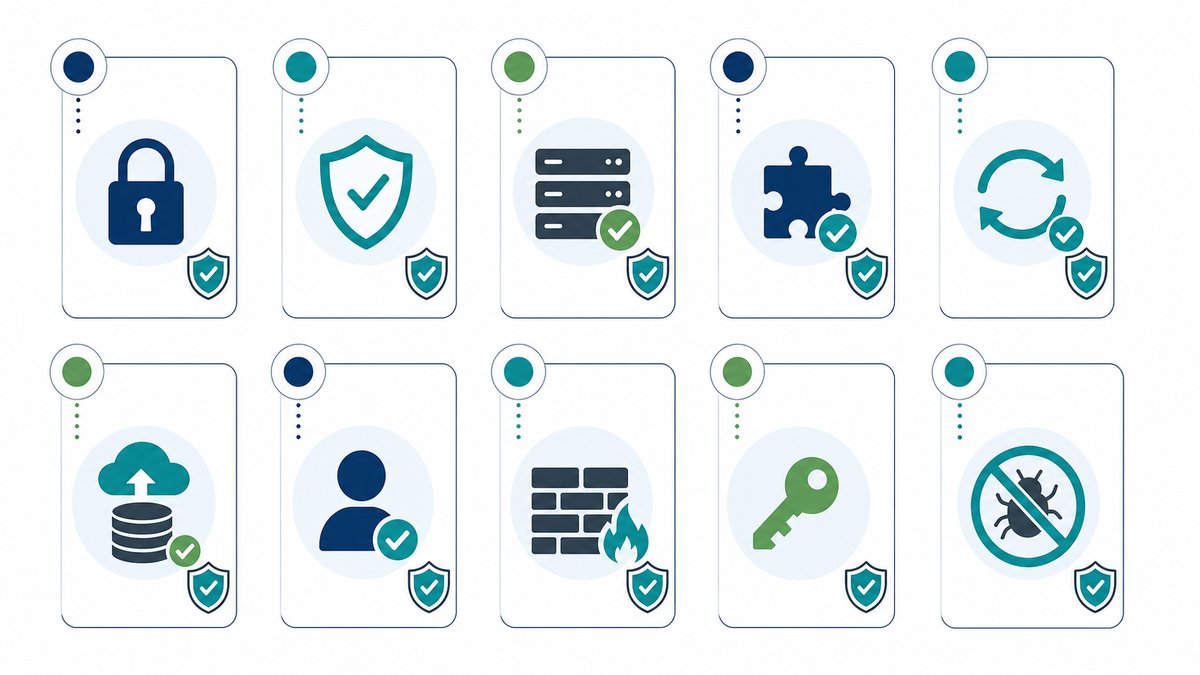 WordPress security checklist infographic with 10 numbered items, clean minimalist design with lock a