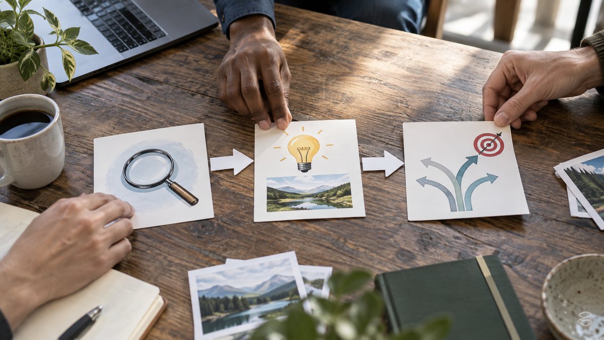 Content team arranging a visual journey from search question to helpful answer to business decision,