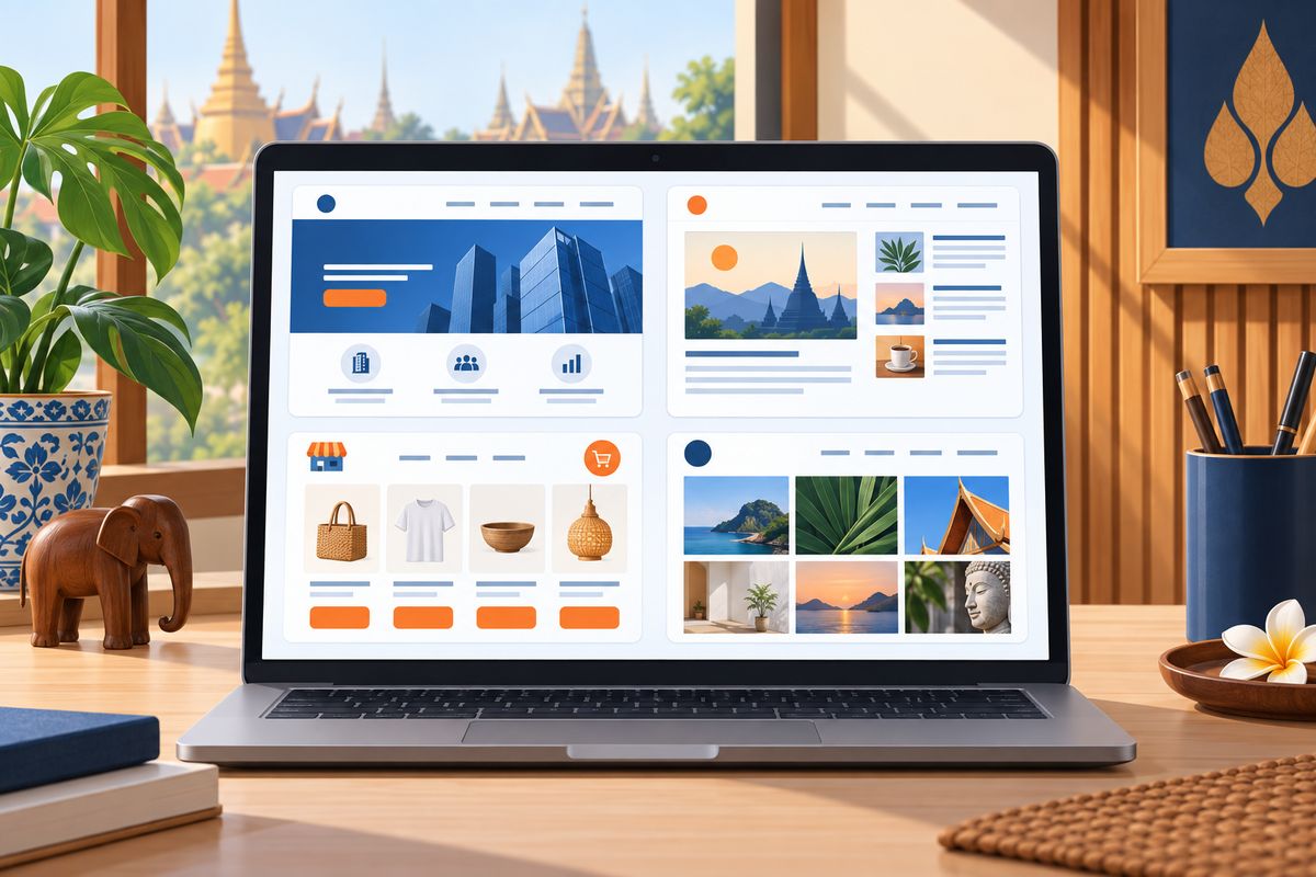 Flat illustration showing four website project types on a clean desk: company website, blog, online