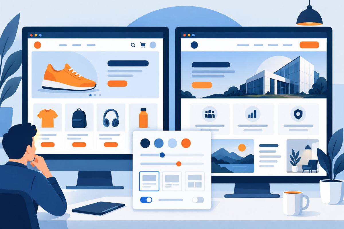 Flat editorial illustration of a WordPress ecommerce storefront and company website side by side, cu