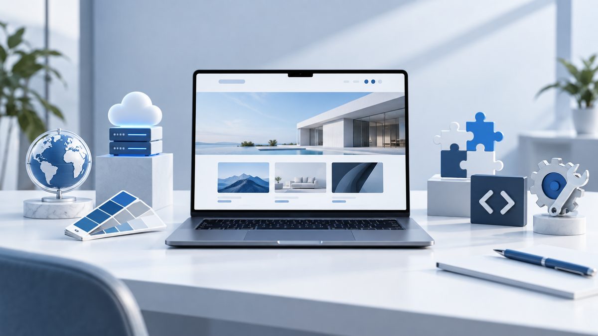 Clean editorial SaaS-style illustration of a professional WordPress business website on a laptop, wi