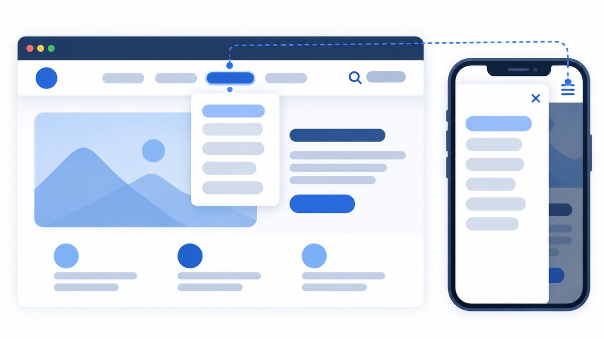 Editorial illustration for a Thai WordPress navigation tutorial, desktop website header with a main