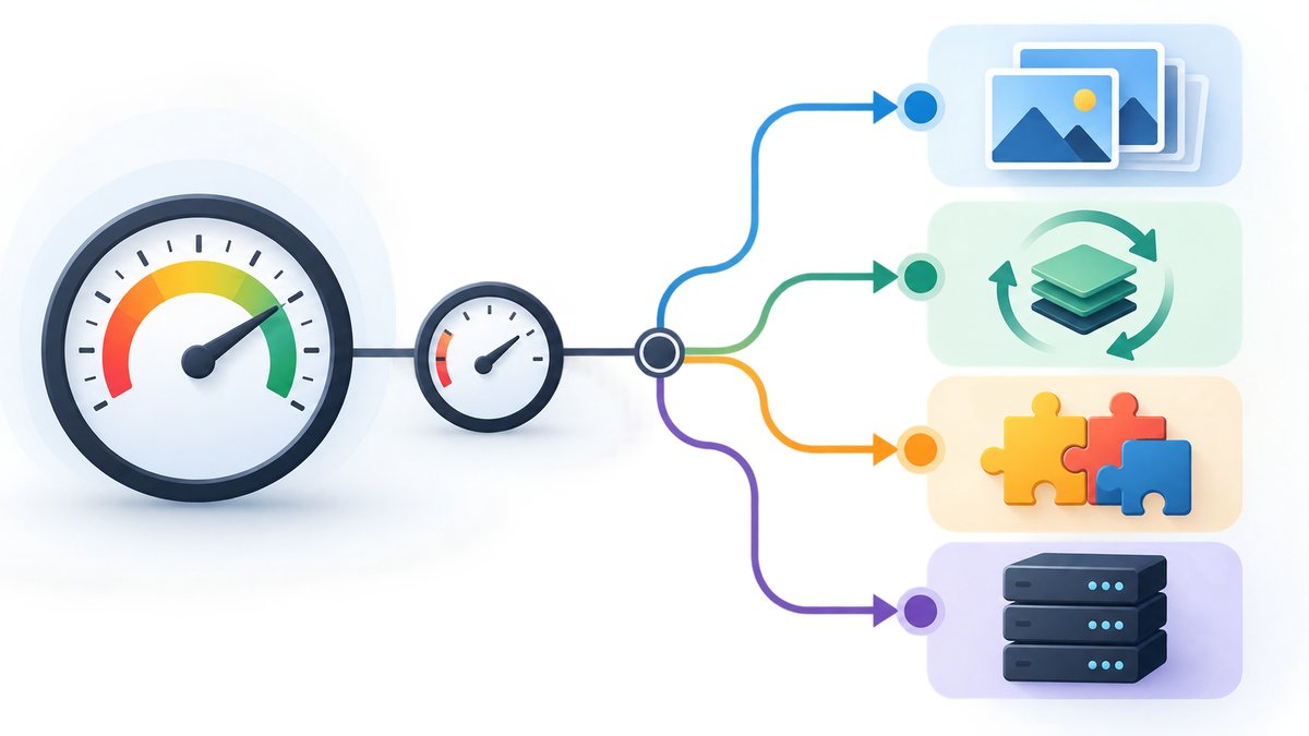 Abstract visual workflow showing a website speed diagnosis path from measurement gauges to image, ca