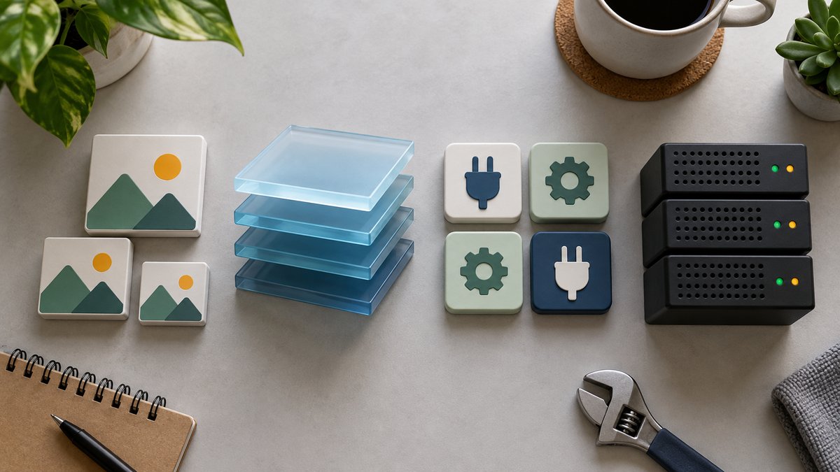 Realistic flat-lay editorial scene with optimized image files, cache layers, WordPress plugin icons