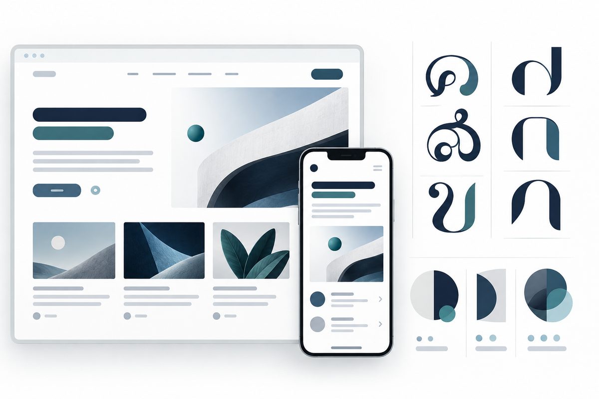 Editorial website typography illustration showing Thai looped and loopless letterform samples beside