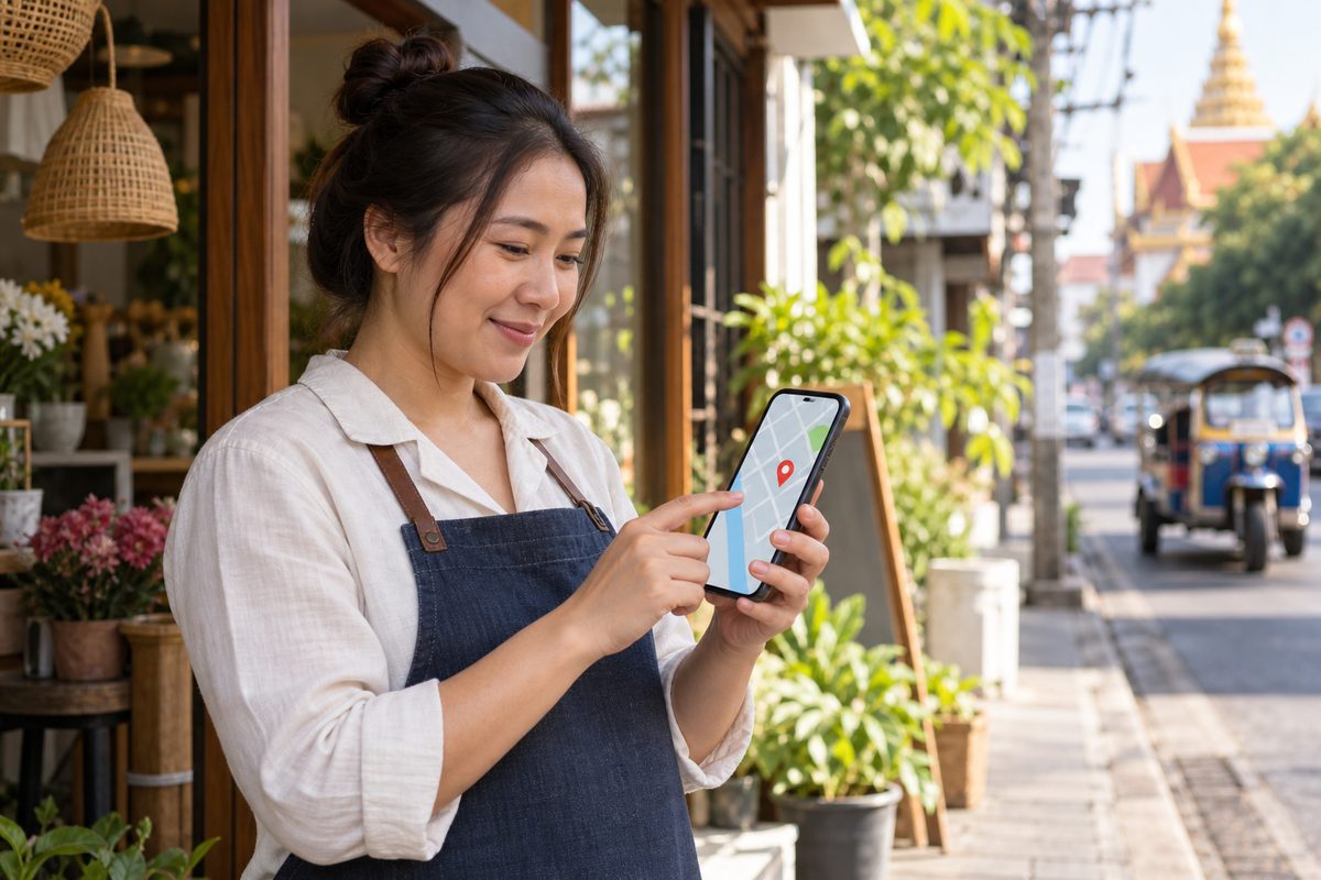 A realistic Thai local business owner checking a digital map pin outside a storefront, warm natural