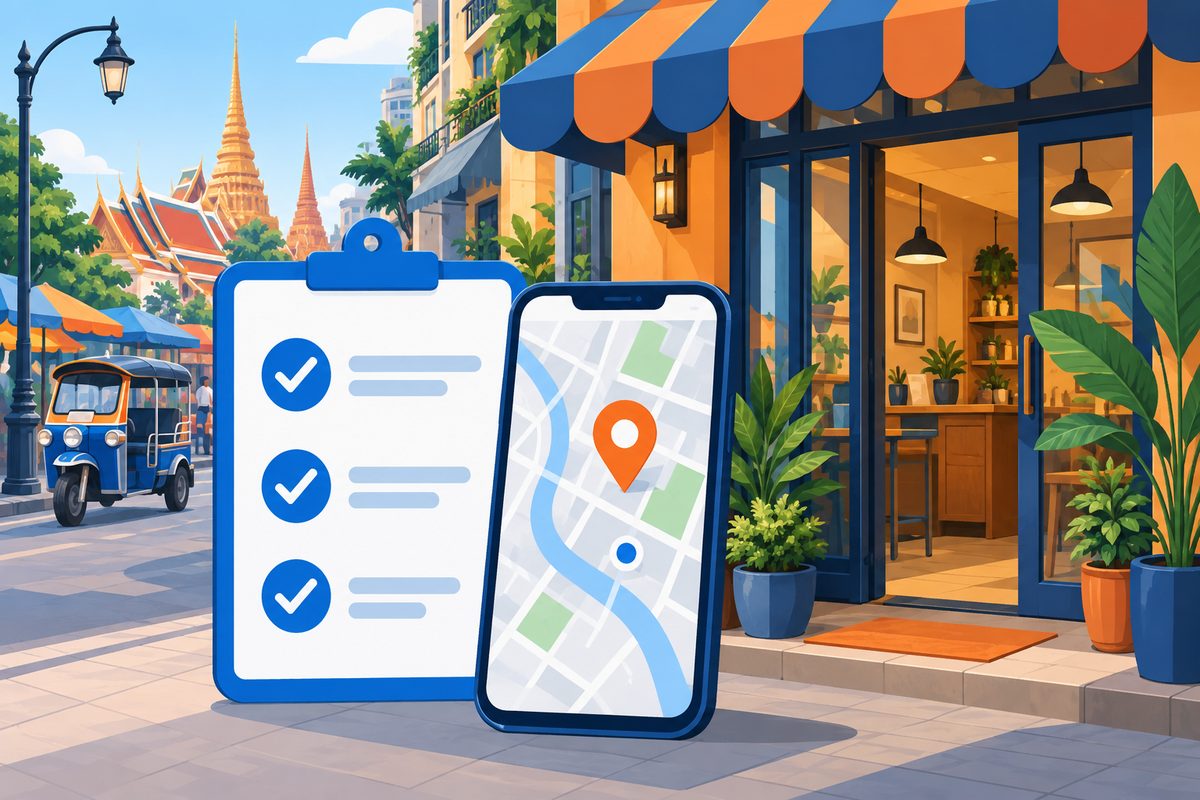 Clean editorial illustration of a verification checklist beside a smartphone map interface and a sto
