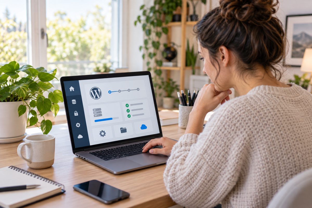 Editorial documentary photograph of a beginner installing WordPress on a laptop in a bright home off