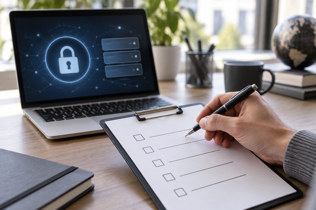 Editorial close-up photograph of a hand reviewing a secure website setup checklist beside a laptop,