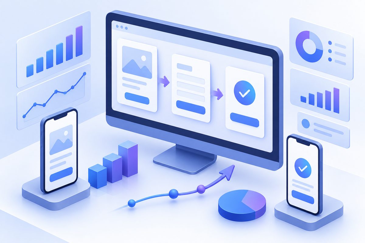 Professional isometric landing page conversion optimization workspace, clean SaaS signup funnel on d