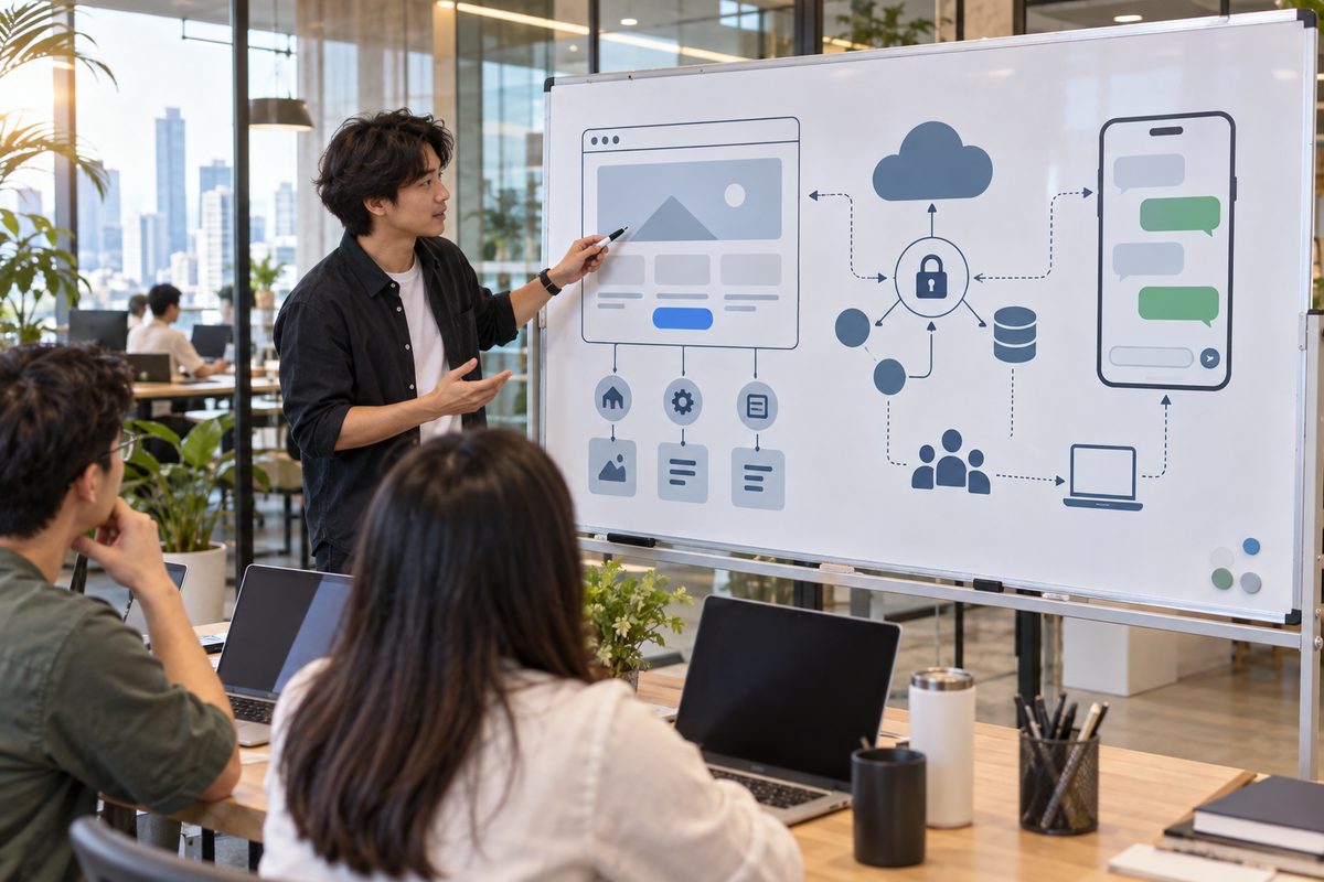 WordPress implementation planning scene with a developer mapping website CTA, secure API connection,