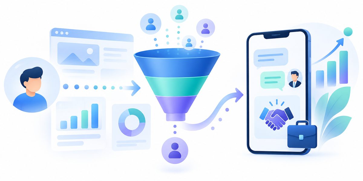 Analytics dashboard concept showing a website visitor becoming a qualified business conversation on