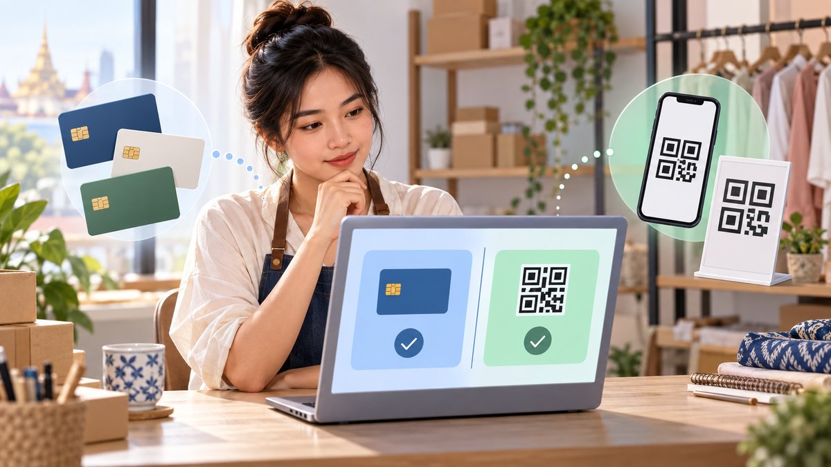 Editorial, text-free visualization of a Thai online business owner comparing payment gateway choices