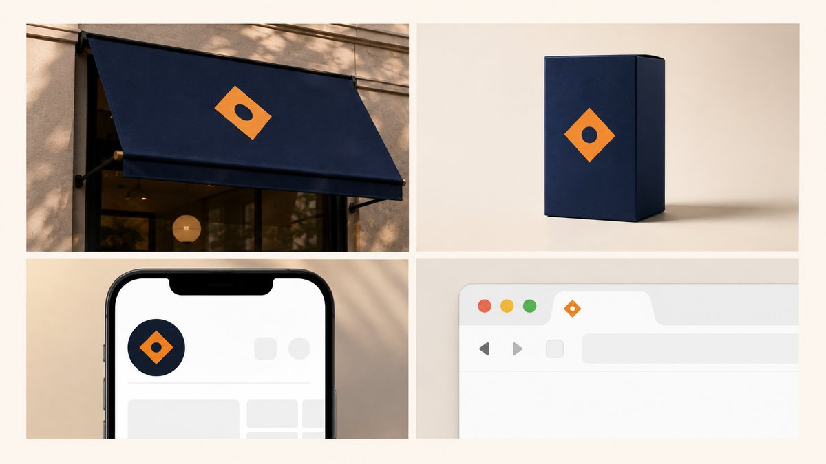 Editorial magazine spread comparing one simple geometric brand symbol across storefront awning, prod