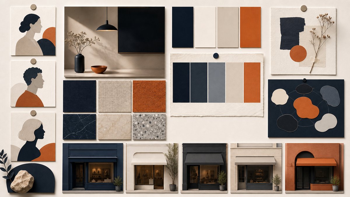 Sophisticated editorial moodboard for a modern small business, abstract customer persona cards, mate