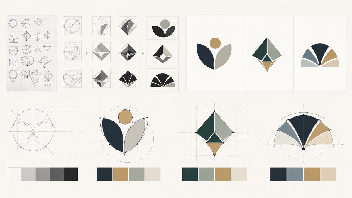 Step-by-step editorial design process with monochrome geometric thumbnail sketches evolving into thr