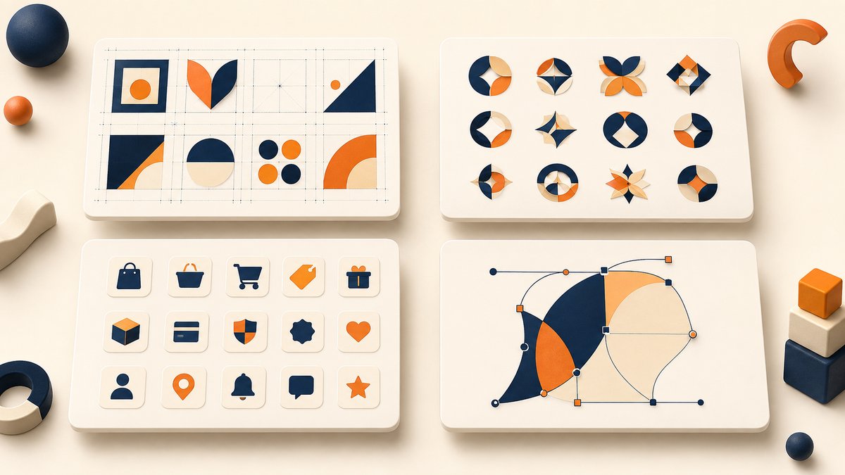 Editorial magazine comparison of four abstract digital design workspaces shown on floating panels, t