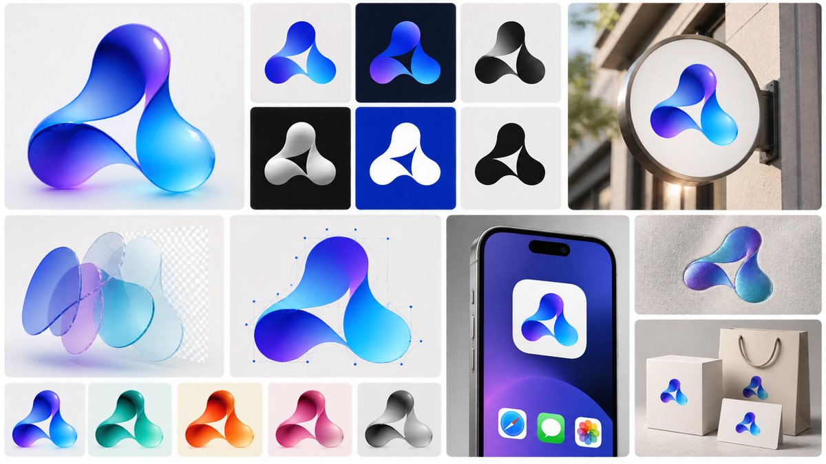 Premium editorial brand asset delivery board with abstract logo variations in color black and white,