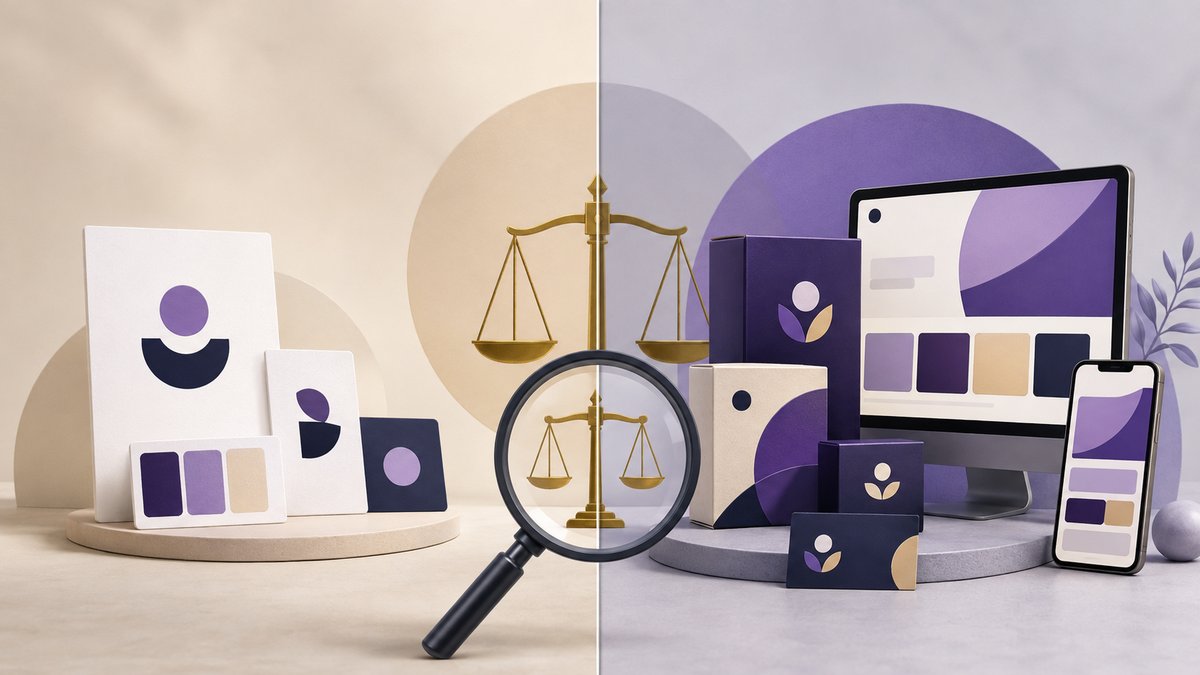 Editorial decision scene showing a simple do-it-yourself brand kit on one side and a comprehensive p