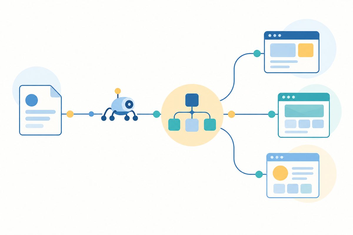 Minimalist abstract diagram of a website crawler following clear paths from robots.txt to an XML sit