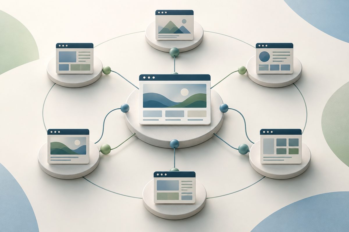 Minimalist abstract closing composition showing a stable connected website architecture with one cen