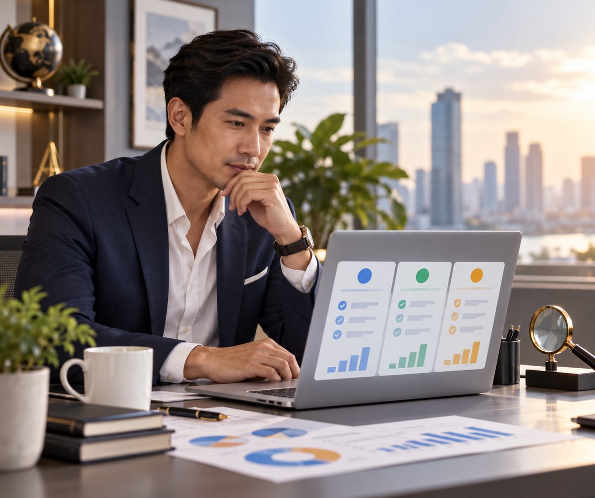 Editorial workflow scene showing three printed SEO proposals, a laptop with a clean website audit, k