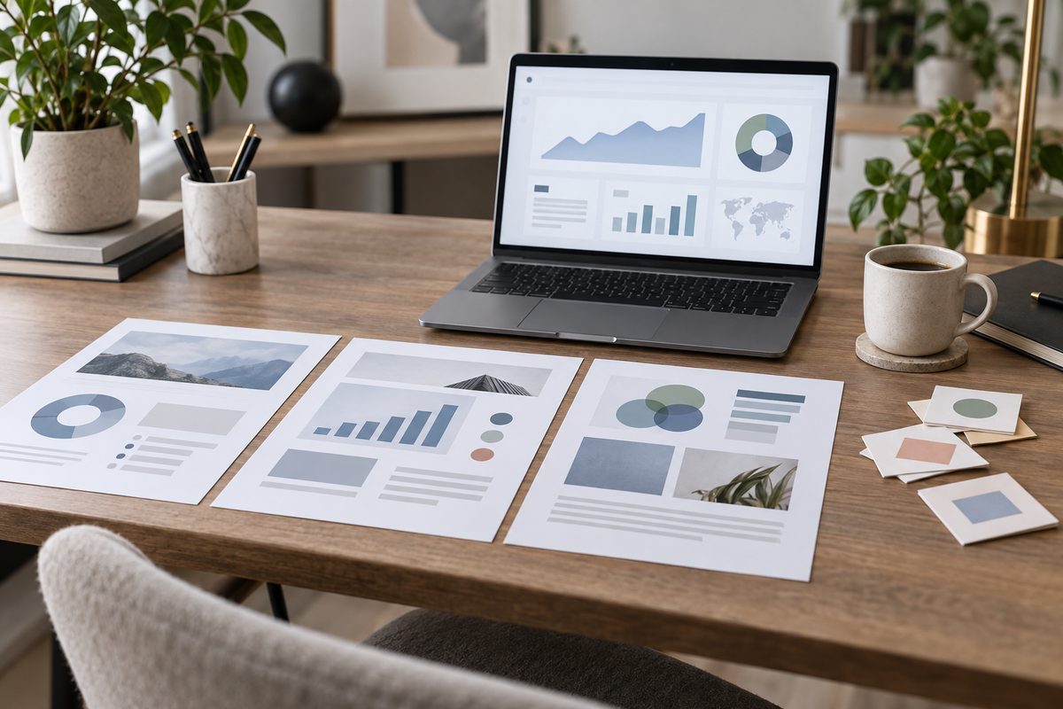 Clean premium editorial image of an SEO specialist reviewing a simple monthly performance report wit