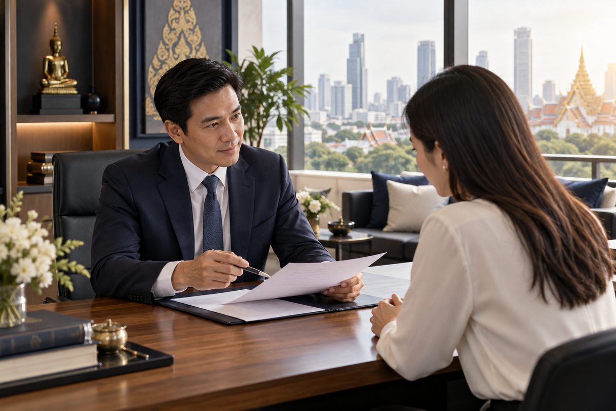 Professional corporate photograph of a modern Thai law office consultation room, one lawyer and one