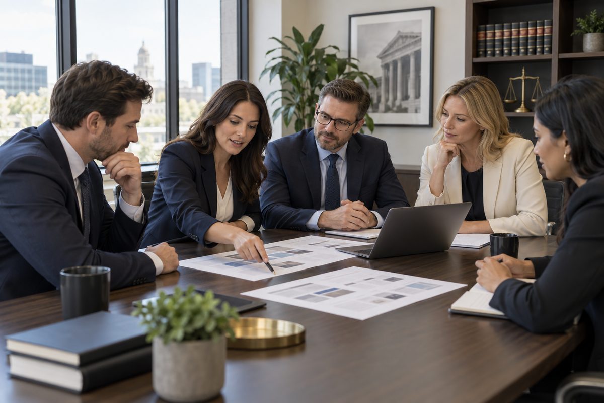 Editorial business photograph of a small law firm team in a modern meeting room reviewing a website