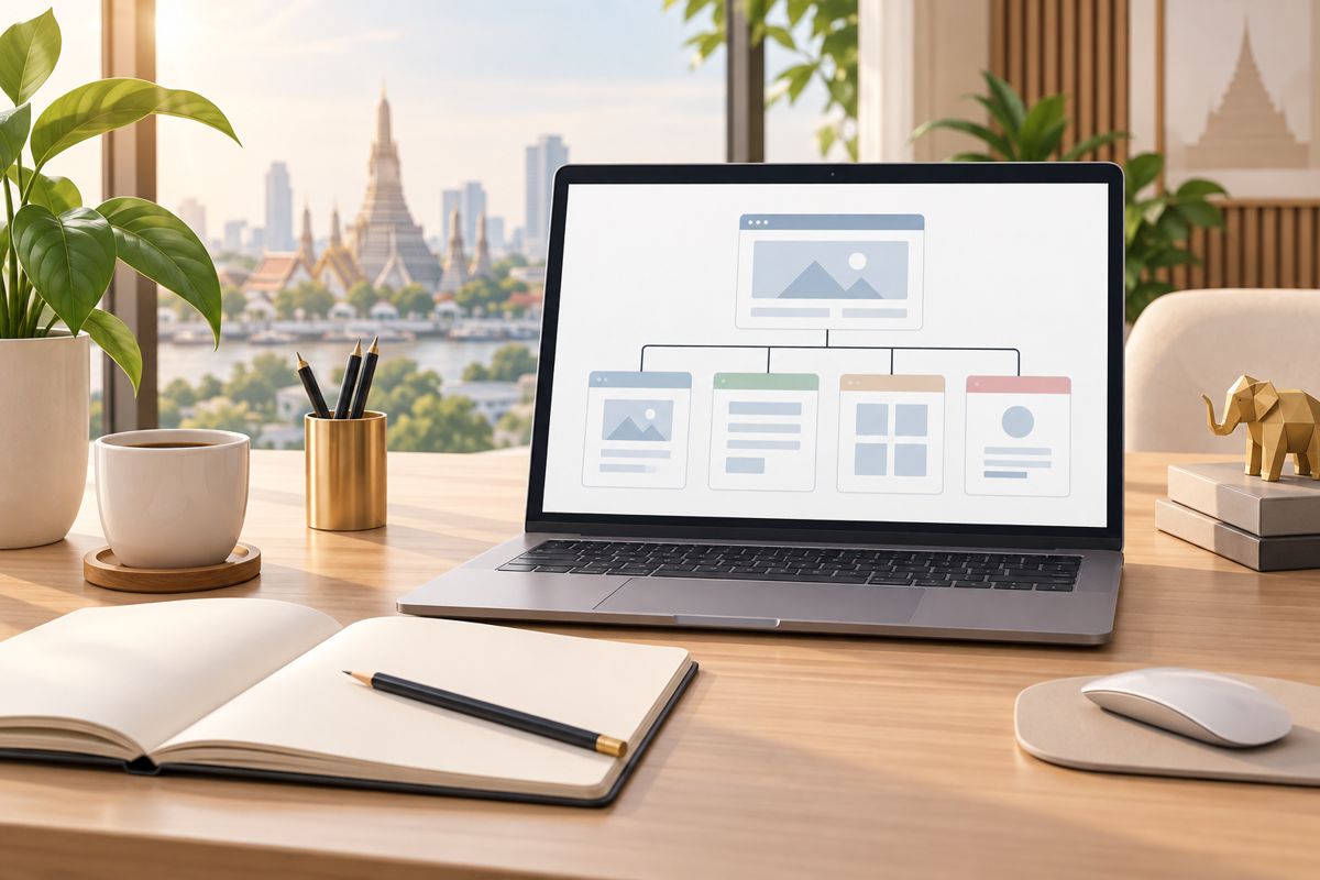 Clean editorial illustration of a business website structure planned on a desk, laptop showing simpl