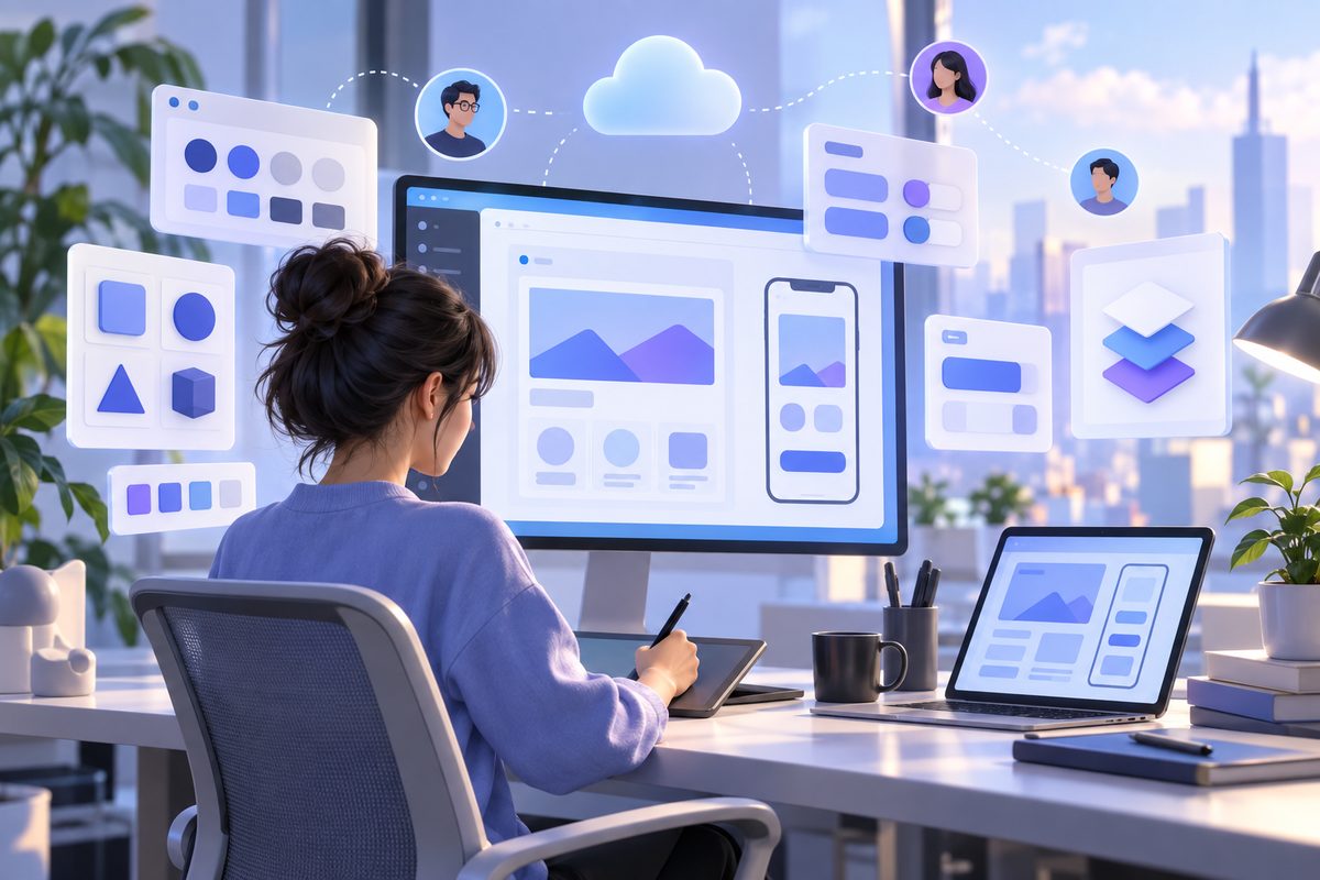 Editorial scene of a designer and business owner collaborating on web and mobile UI in a cloud desig