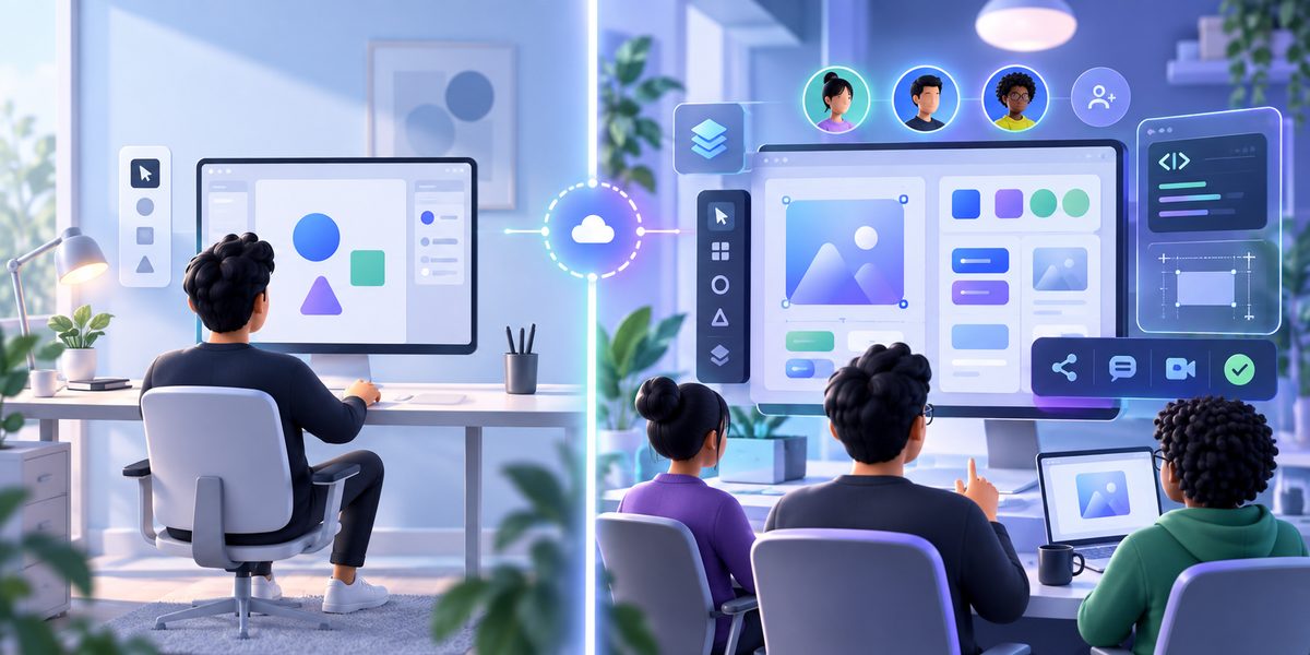 Editorial comparison scene showing a simple personal design workspace beside an organized collaborat