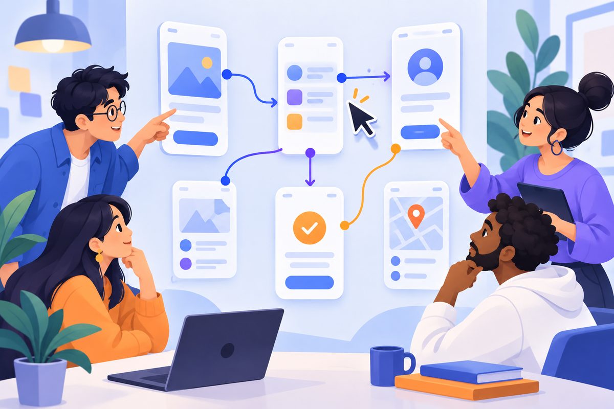 Editorial illustration of connected mobile and desktop screens showing a simple user flow from servi