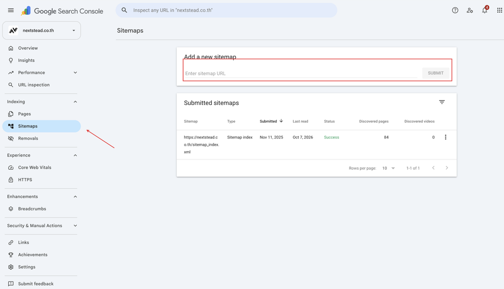 เพิ่ม sitemap ใน search console