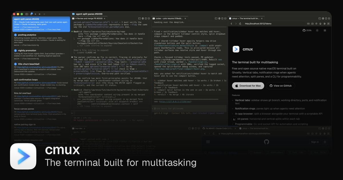 ภาพตัวอย่าง cmux terminal บน macOS ที่มีหลาย pane และการแจ้งเตือน agent
