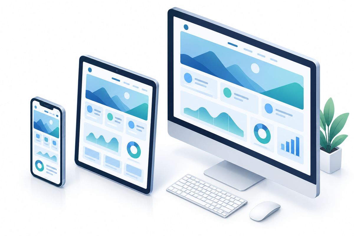 Isometric technical illustration of one responsive website adapting across a smartphone, tablet, and
