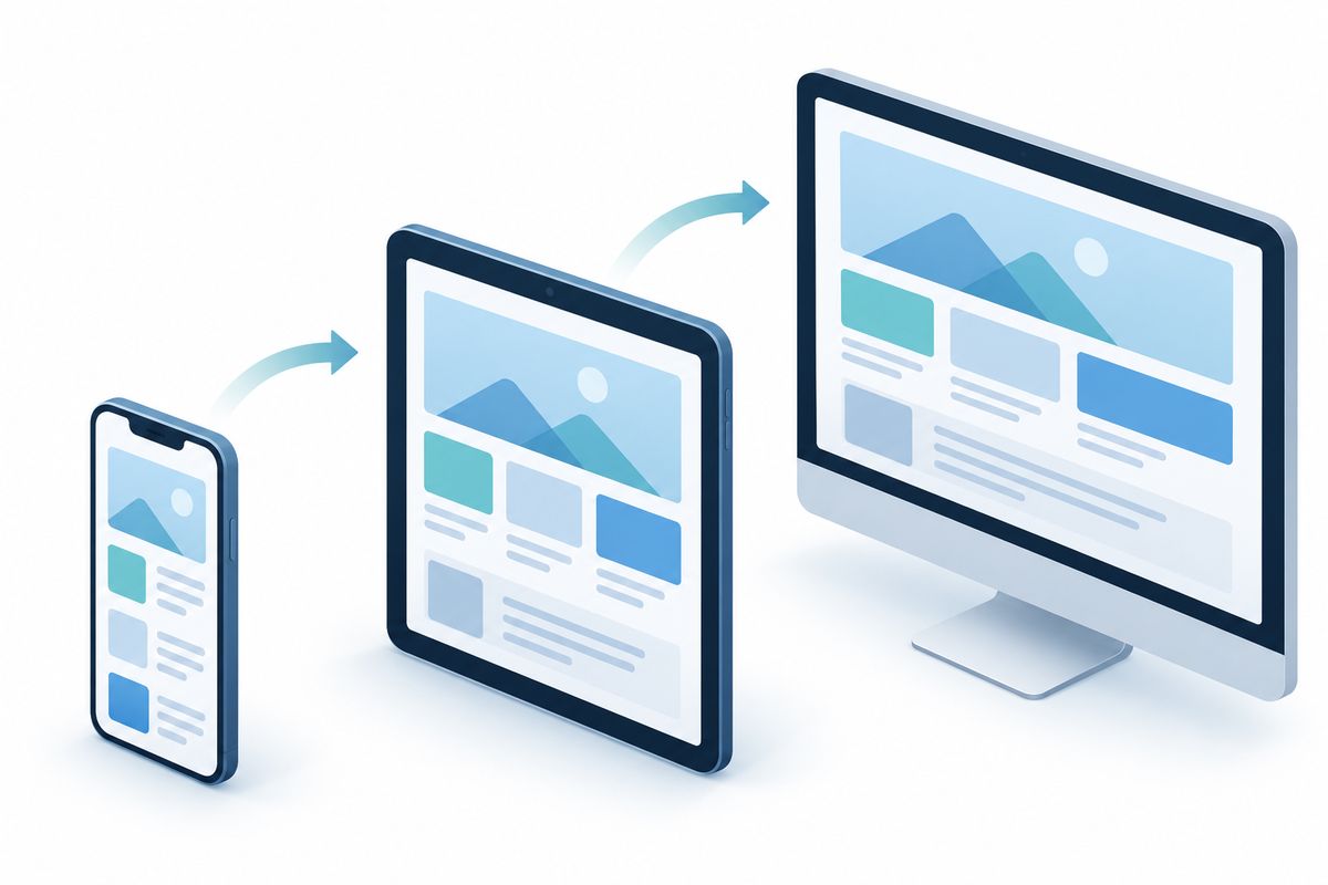 Isometric technical illustration showing a mobile-first design workflow: content blocks arranged on