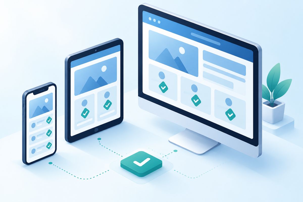 Isometric technical illustration of a responsive website testing checklist across phone, tablet, and