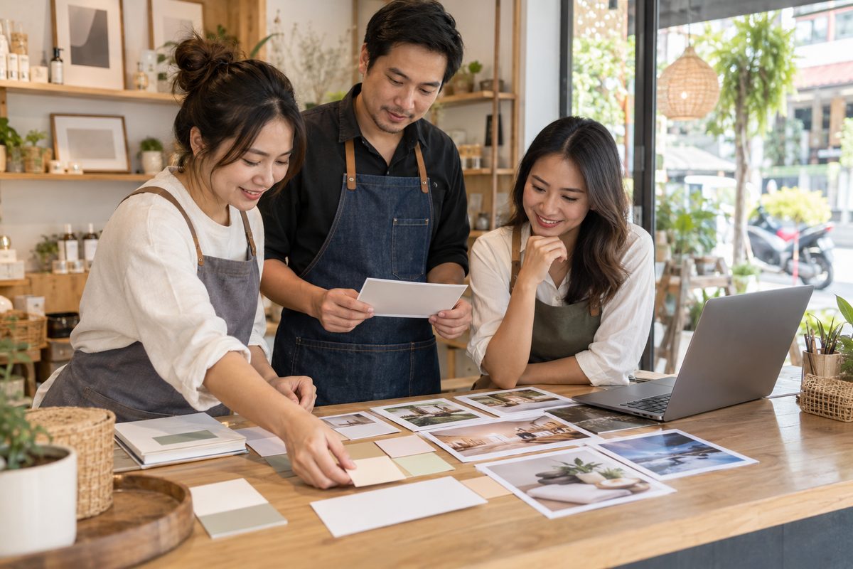 Realistic editorial photograph of a small Thai storefront team organizing printed business informati