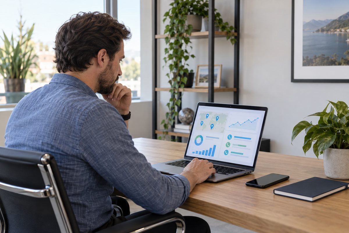 Clean editorial photograph of a business owner reviewing local search performance and customer calls